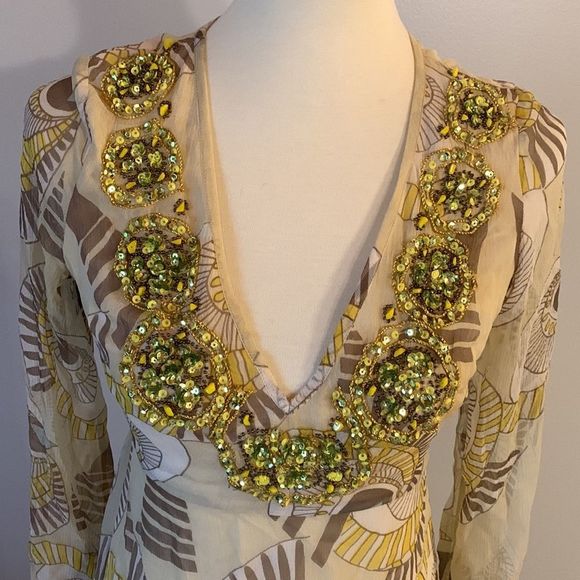 [ANTIK BATIK] Pattern Beaded Silk Maxi Dress - Size Small - Picture 2 of 6